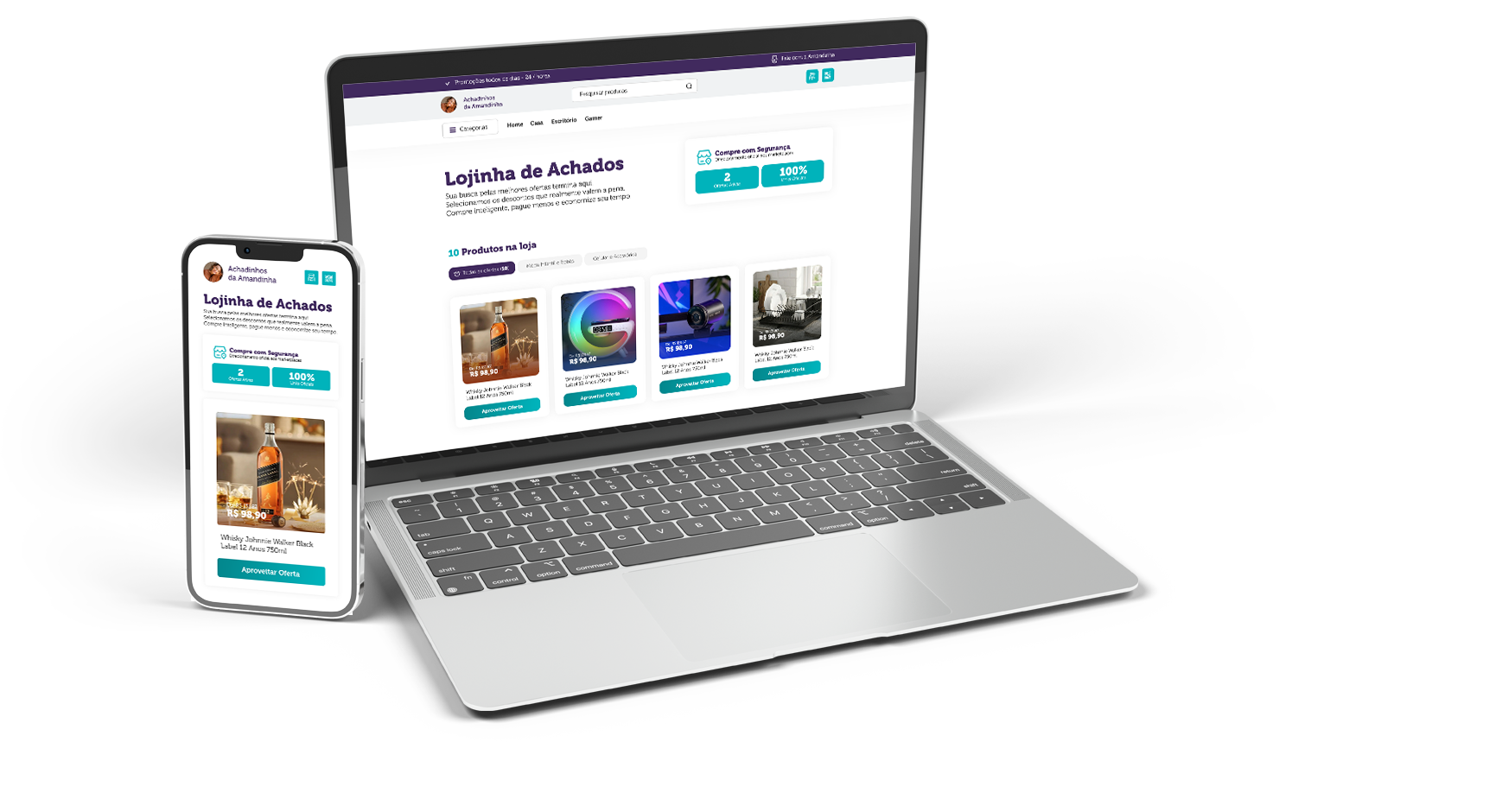 Notebook e celular exibindo uma vitrine Pegue Seu Link